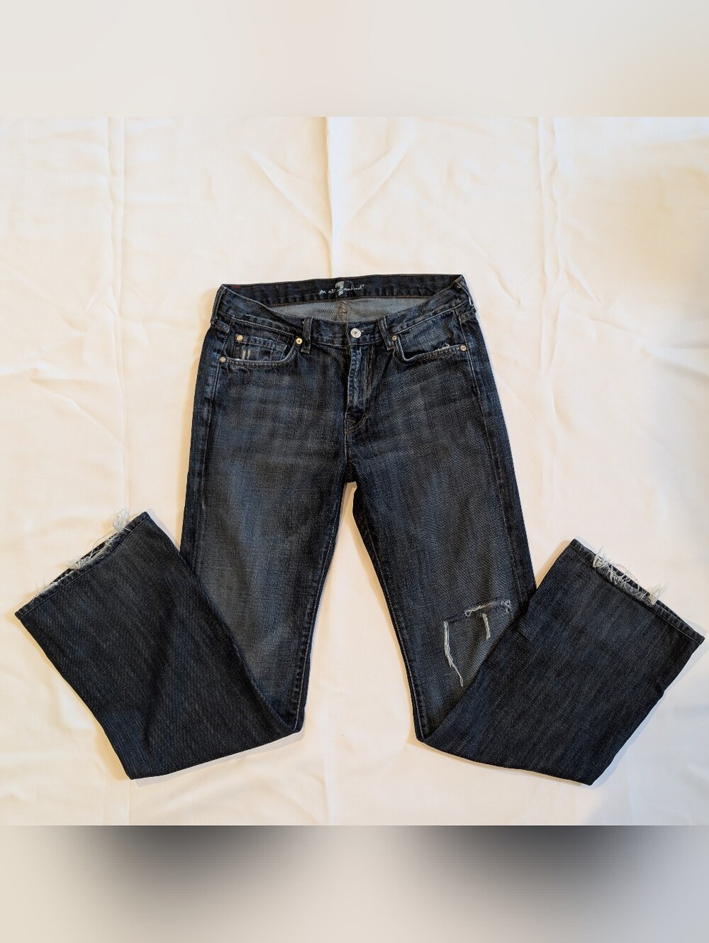 Women's Y2K Dark Wash Distressed Jeans - Boot Cut 7 For All Man Kind